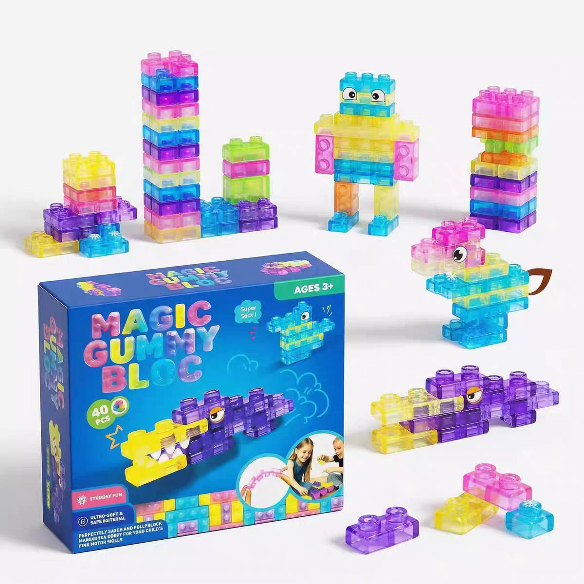 【ZLMO】カラフル ゼリー積み木 40ピース｜組み立てブロック
