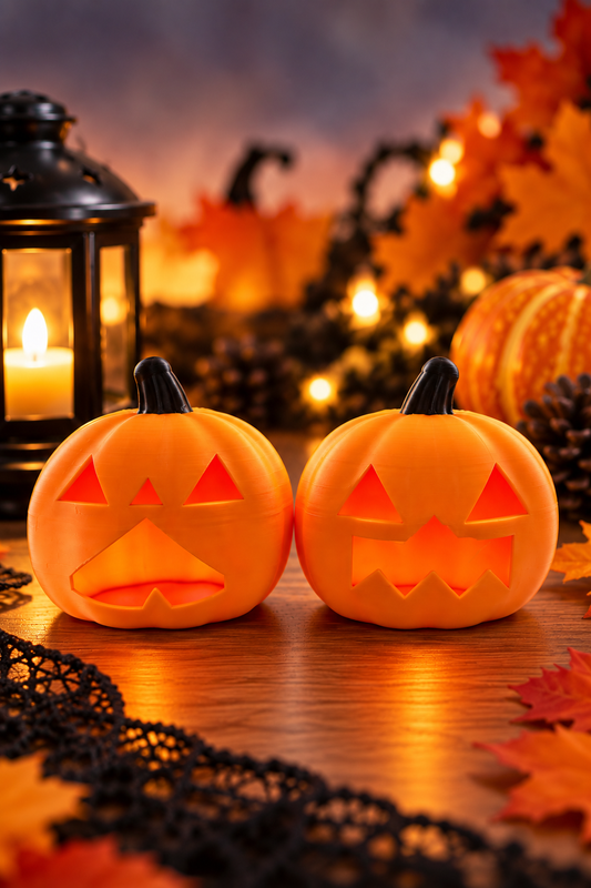 ハロウィン かぼちゃの置物 2個セット（顔ちがい）｜LEDを入れると光る