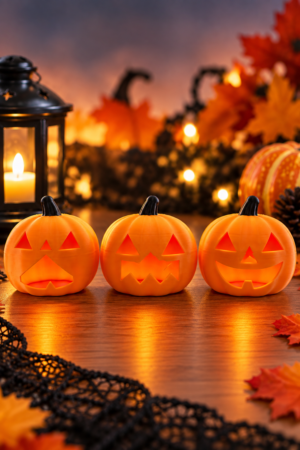 ハロウィン かぼちゃの置物 3個セット（顔ちがい3種）｜LEDを入れると光る