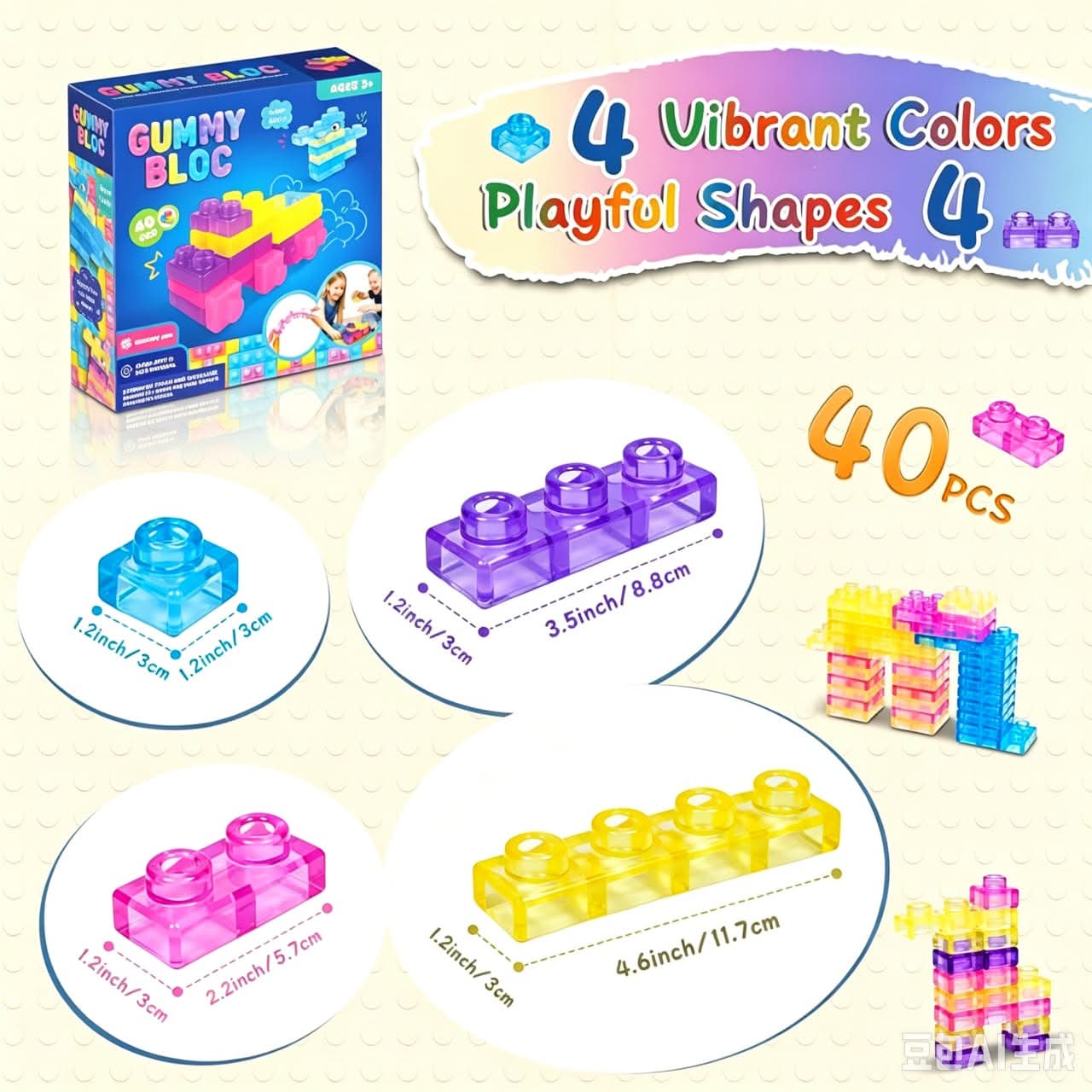 【ZLMO】カラフル ゼリー積み木 40ピース｜組み立てブロック